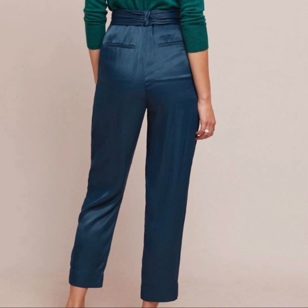 NEW Anthropologie Ett Twa Crop Pants Womens 14 Turquoise Satin Tie Waist - Picture 3 of 15